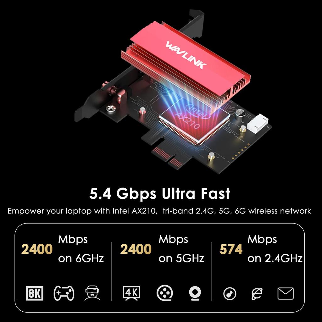 WAVLINK WiFi 6E AX5400M PCIe WiFi Radeon AX210 Network Card with Bluetooth Low Profile Heatsink Intel AX210 Network Card for Windows PC 5.3, MU-MIMO,