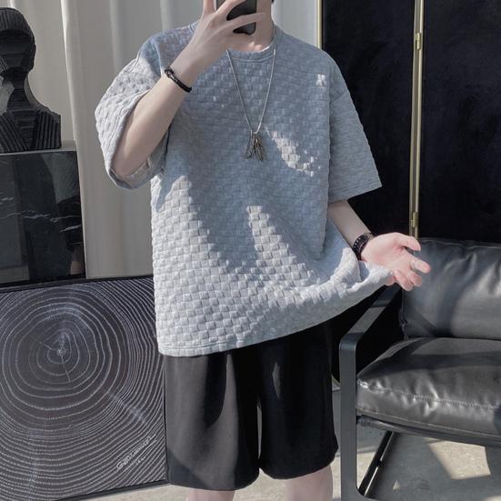 O-Neck Short Sleeve 3D Waffle Men T-shirt Summer Solid Color Simple Tee Shirt Streetwear