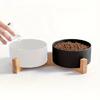 Ceramic Double Cat Bowl with Wood Stand - Black Pet Water & Food Bowl for Cats and Dogs