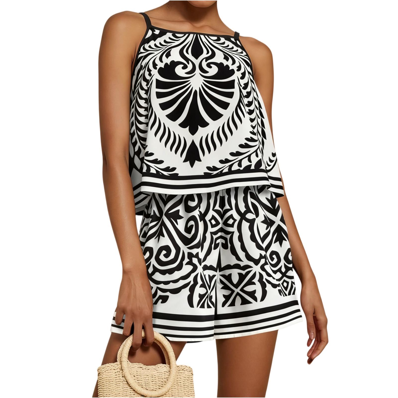

Women s 2-Piece Fashionable Casual Vintage Print Square Neck Sleeveless Tank Top And Shorts Set L чёрный