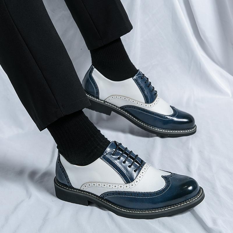 Brogue Shoes Men PU Spliced Lace Up Low Heel Business Banquet Shoes Professional Classic Men Shoes Large Sizes 38-46