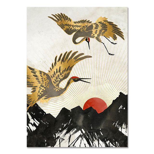 Retro Chinese Style Gold Flying Crane Abstract Sun Animal Canvas Painting Birds Posters Prints Wall Painting for the Living Room