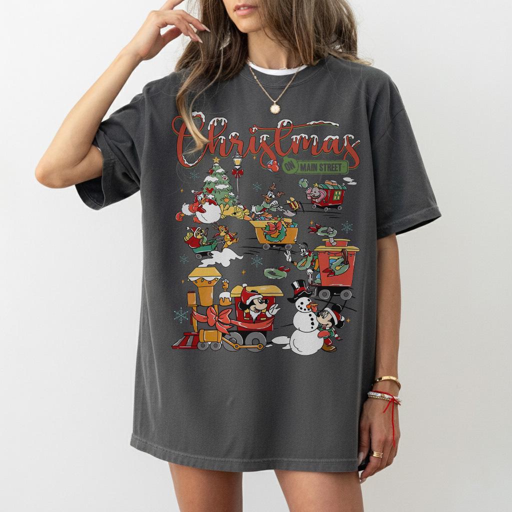 Disney Train Christmas Shirt Cute Mickey and Friends Christmas on Main Street Tee Disneyland Holiday Family Trip Gifts S