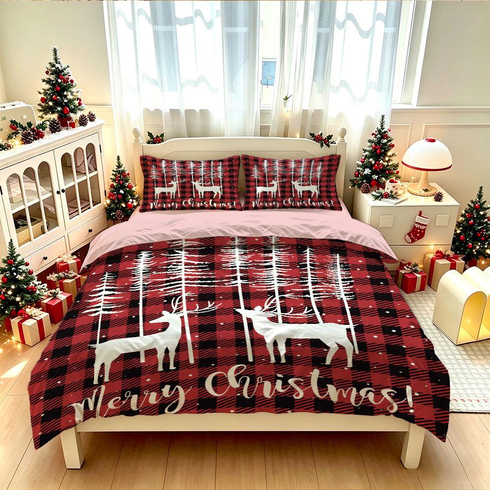 3Pcs Reindeer Pine Forest Merry Christmas Bedding Set Without Filler Duvet Cover 2 Pillowcases Soft Comfortable Machine Washa