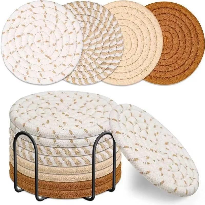 8pcs Bohemian Coaster Cotton Meal Pad Thermal Suitable Water Bottle Insulation Pad Minimalist Cotton Linen Table Pad 4.3 Inches