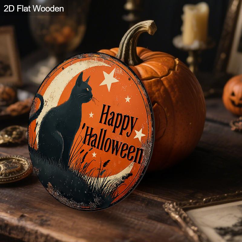 Wesołego Halloween Drewniany Znak ze Wzorem Czarnego Kota - Figurki Ozdobne ze Wzorem Półksiężyca i Gwiazdy - Idealne na Drzwi Wejściowe, Podwórko, Ganek, Dekoracja Pokoju