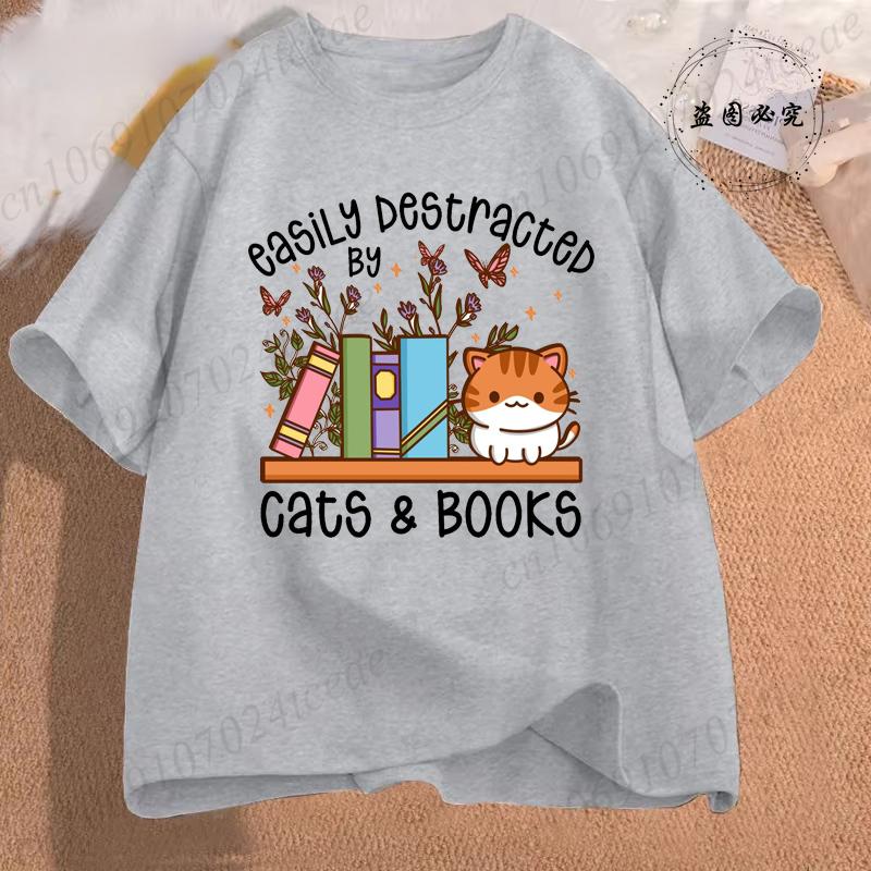 Easily Distracted By Cats & Books Tees Tops Floral Cat Shirt Women Fashion Tshirt Oversize Summer Tshirt Short Sleeves Clothing