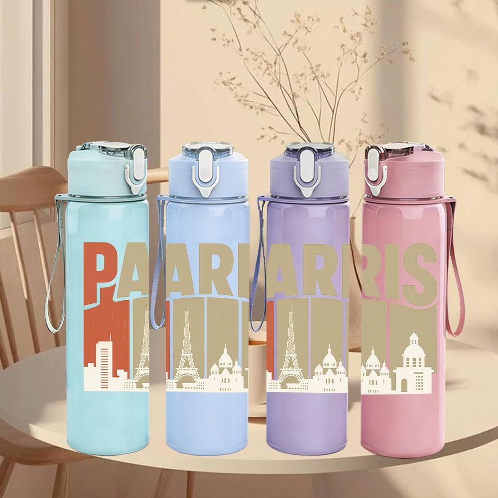 1PC Paris City Building Letter Art 750ml Color Plastic Sports Water Bottle Leakproof Flip Straw Lid Suitable for Sports Office Home Use