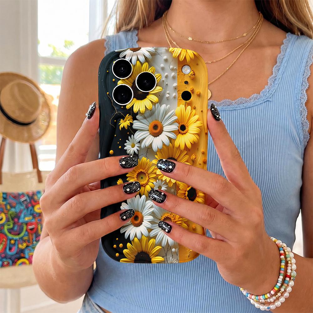 Oil Painting Daisy Sunflower Gradient Wavy Edge Phone Case For iPhone 17 16 15 14 13 12 11 8 7 Plus Pro Max Floral Cover