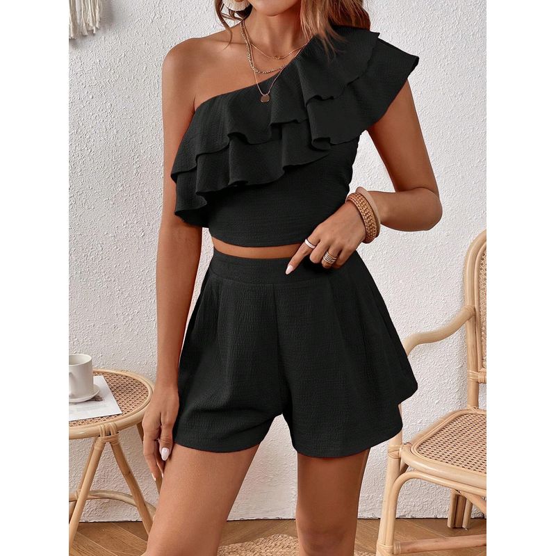 

Small Summer New Western Style Fashion Oblique Collar Frill off-the-Shoulder Short Top Shorts Two-piece Suit Women Black XL