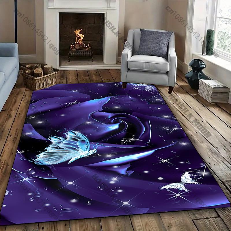 1PC Purple Butterfly Flower Print Carpet Living Rooms Bedroom, Office Areas Rug, Durable Machine Washable Mat with Fast Shipping