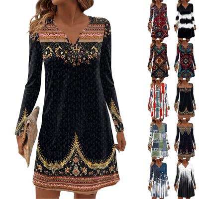 Women's Long-sleeved Casual Midi Dresses V-Neck Print  Casual Dress