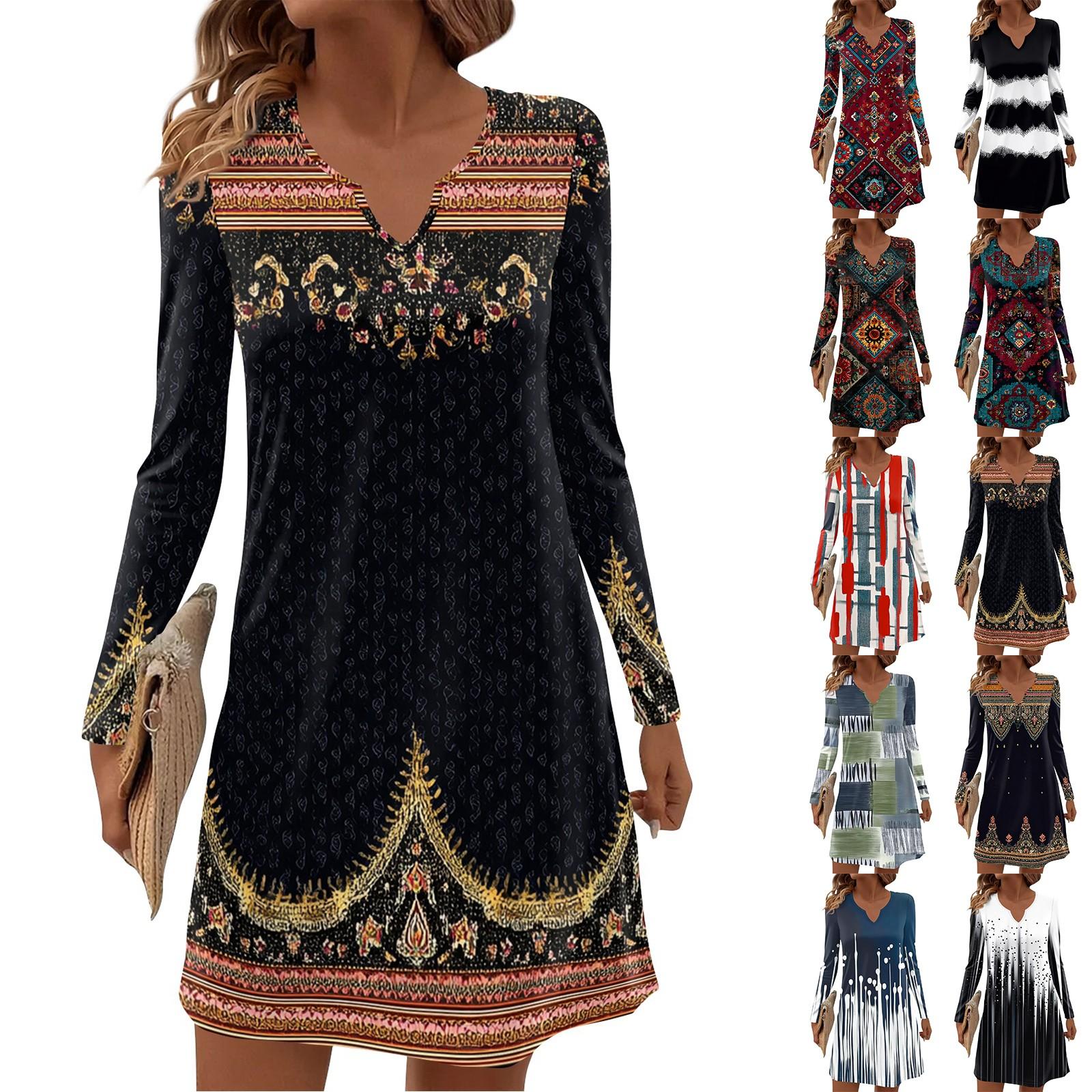 

Women s Long-sleeved Casual Midi Dresses V-Neck Print Casual Dress XL винний