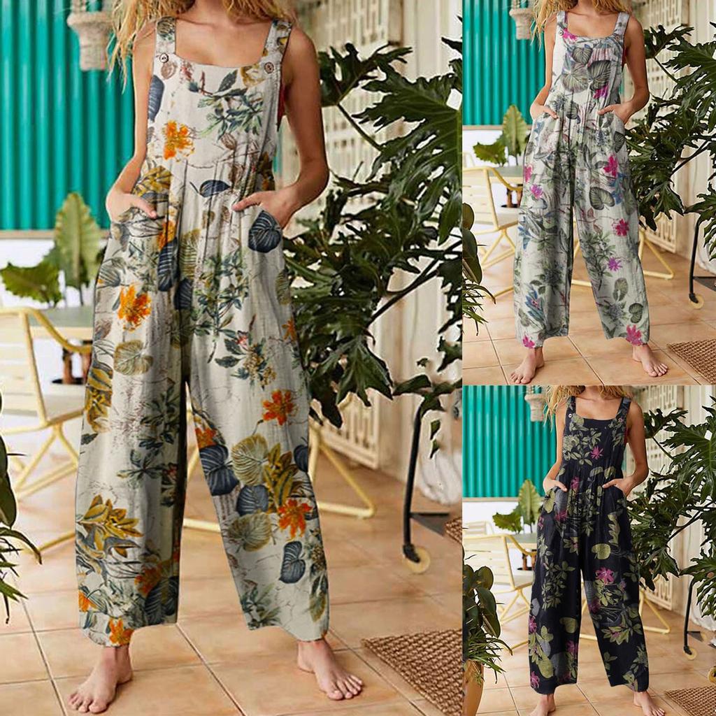 Women's Fashion  Floral Printed Pocket Button Camisole Jumpsuit
