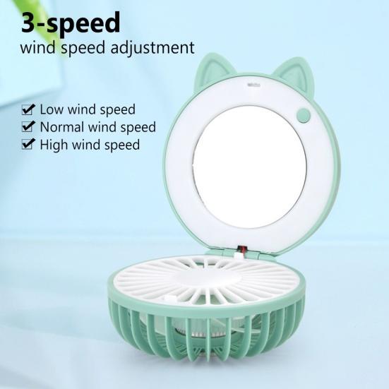Cute Cat Portable Mini Pocket Fan Rechargeable LED Fill Light with Makeup Mirror