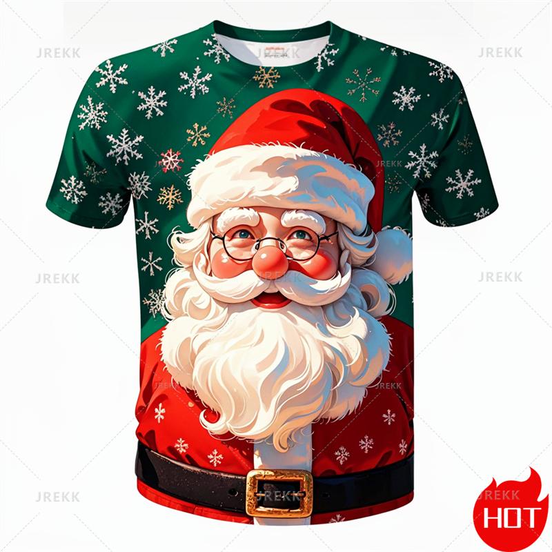 Fashionable 3D Printed Merry Christmas T-shirt with Christmas Patterns, Summer Men's Short Sleeved Clothing Creative Hip-hop Cool Round Neck Tops