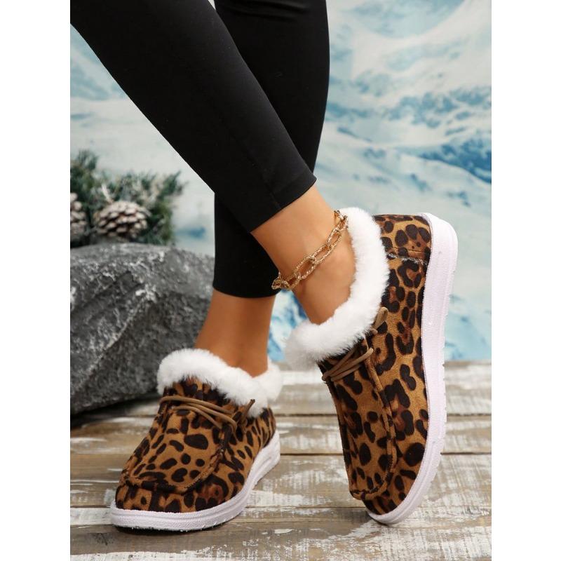 Dámské boty nadměrné velikosti s leopardím vzorem, podšité fleecem, střední výška, zimní novinka, nazouvací, měkké, teplé