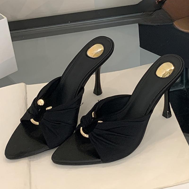 Fashion Pointed Silk Slippers Metal Buckle Hollow Out High Heels 2025 Summer Fashion Open Toed Women Mules Shoes Claquette Femme