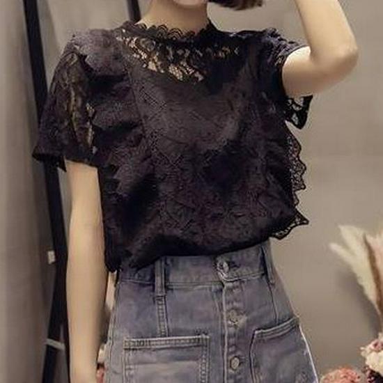 Women's Summer Chiffon Lace Shirt - Short Sleeve, Hollow Out, Korean Style, Versatile Plus Size Top
