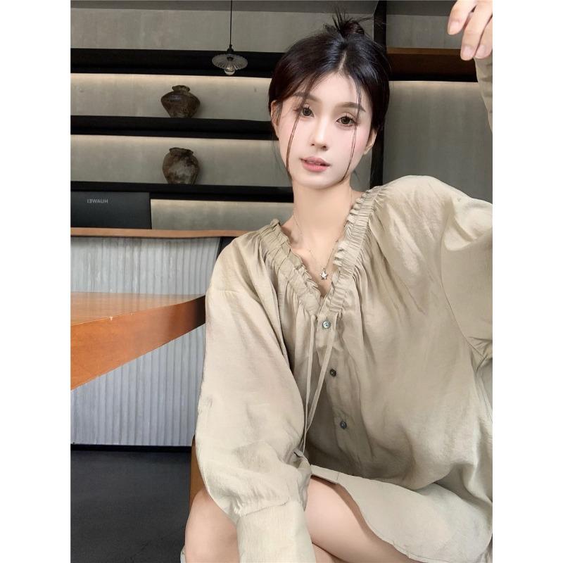 French Ruffled V-neck Shirt for Women Spring and Autumn Buttoned Loose Casual Top