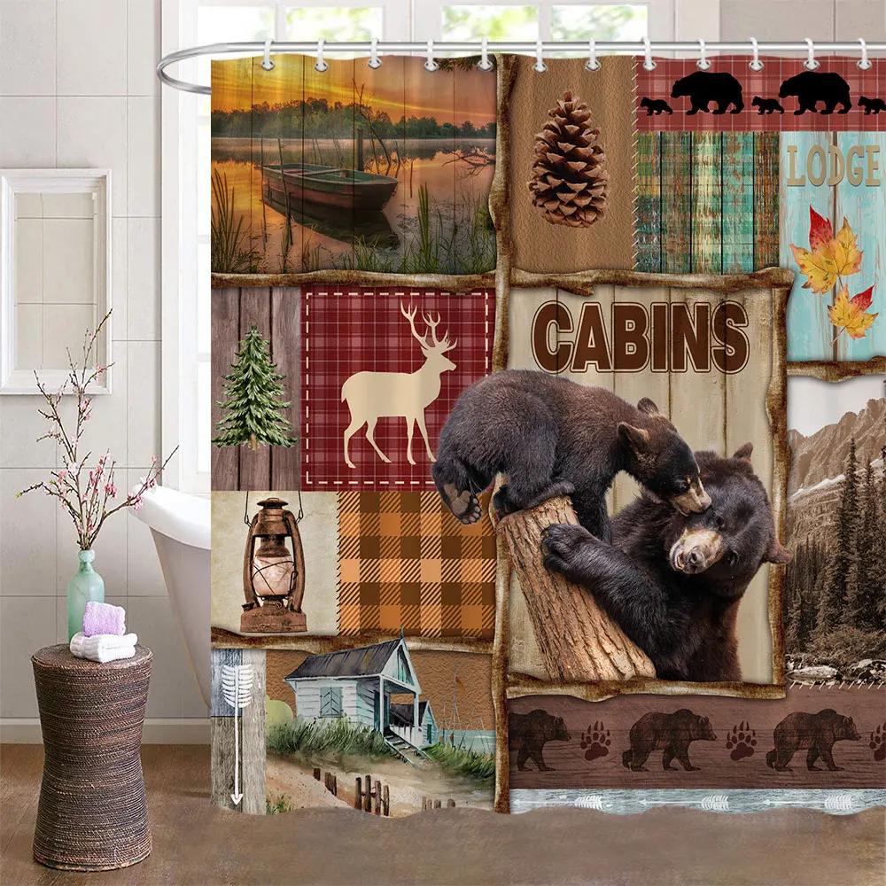 Bear Shower Curtains for Bathroom Wild Animals Rustic Cabin Forest Bear Print Wooden Board Cloth Bath Curtain Set Bathroom Decor
