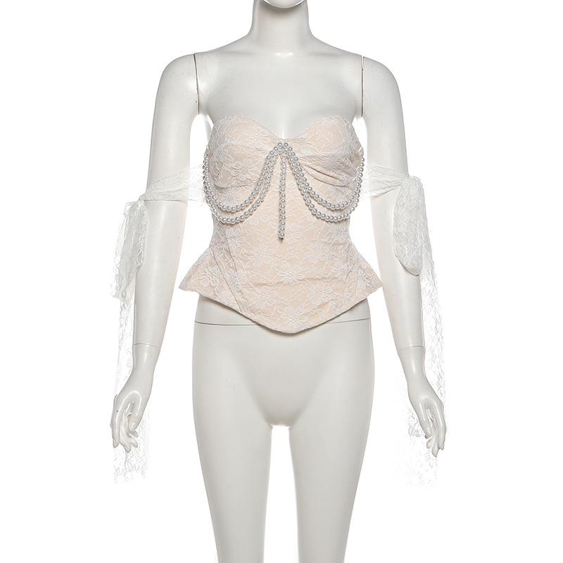 Vintage Lace Strapless Pearl Bustier Top & Asymmetrical Ruffle High Waist Skirt Set, Elegant Sexy Two-Piece Outfit for Women