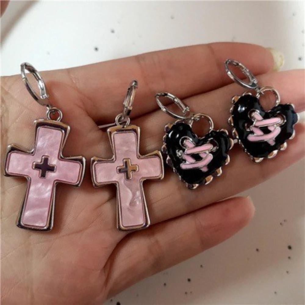 Korea Temperament Dopamine Pink Cross Heart Pendant Hoop Earrings for Women Gothic Hip-hop Party Stainless Steel Jewelry Gifts