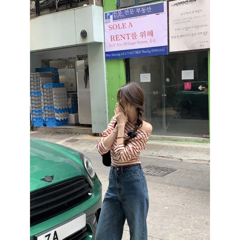 Women's South Korean Chic Stripe Fit Off-the-Shoulder Long Sleeves Shirt Slim Slimming Inner Wear Bottoming Shirt Retro Lady