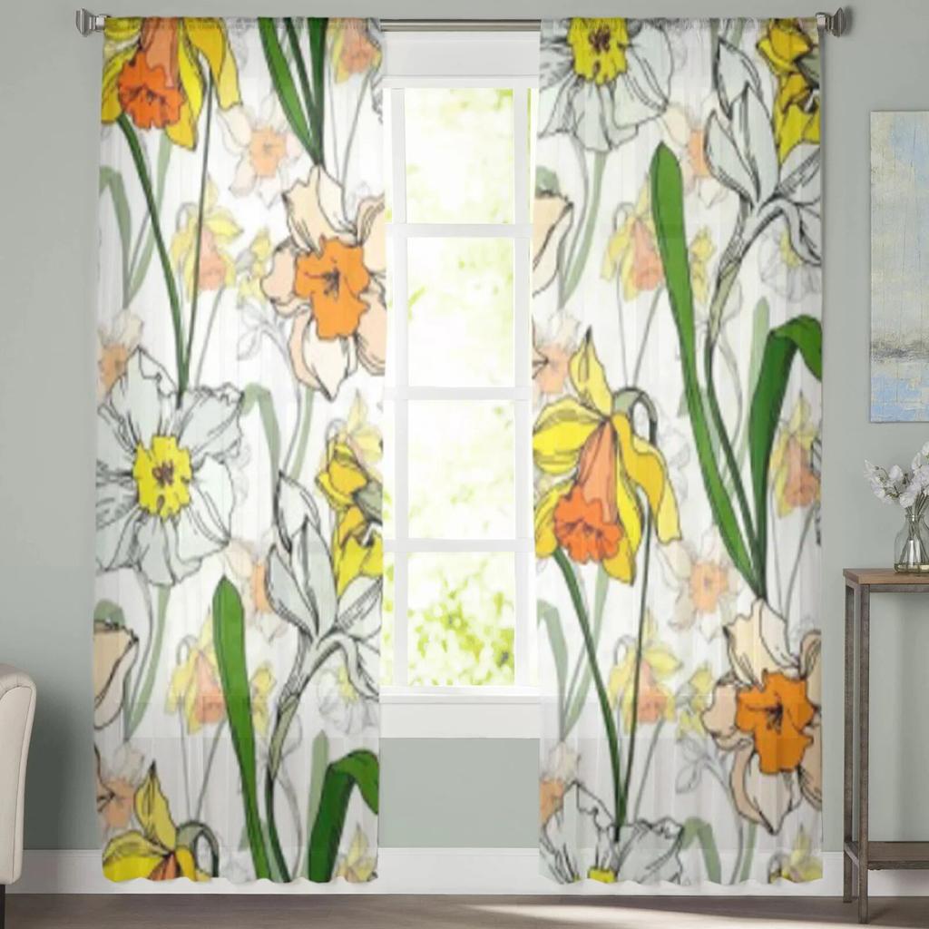 Hand Drawn Wild Rose Flower Narcissus Sheer Curtains For Living Room Modern Fashion Valance Curtains For Kitchen Tulle Curtains