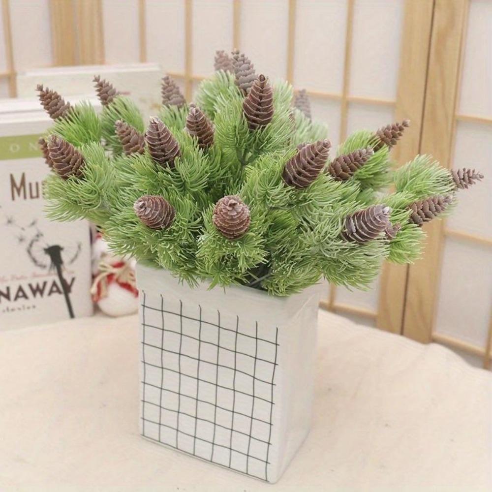 2Pcs 7 Branches Artificial Plastic Pine Nuts Cones Fake Plants Tree for Christmas Party Decoration Faux Grass Xmas Pome Decoration