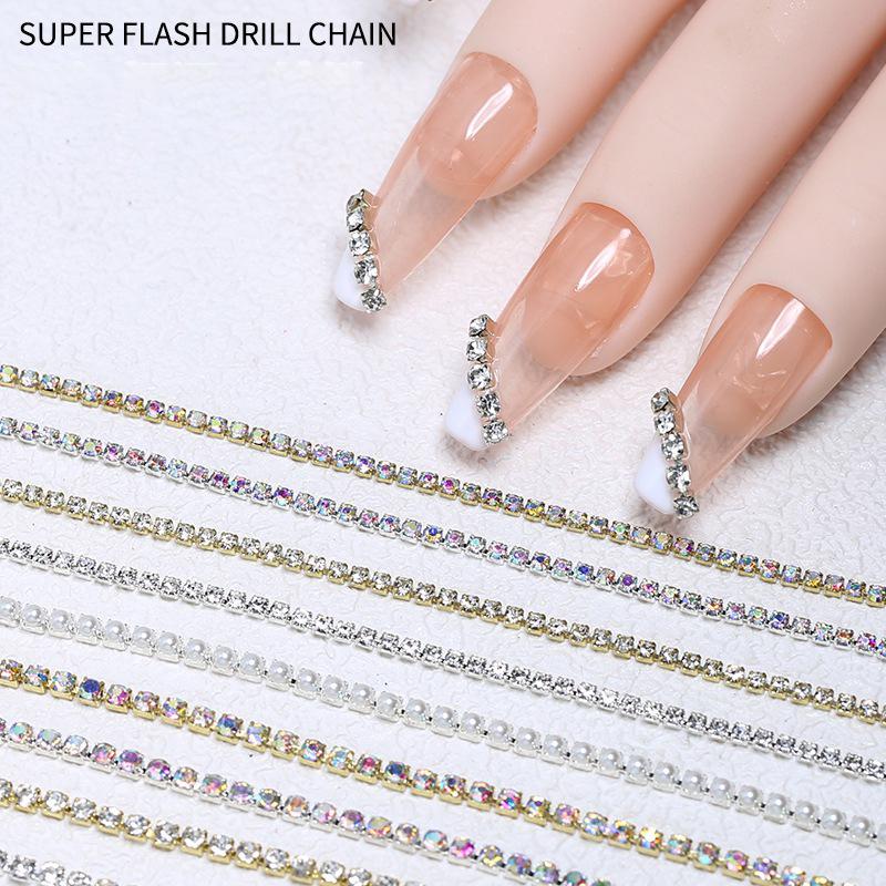 25Cm Long Luxury Crystal Pearl Chain Nail Charms 1.5/2Mm Shining Clear Diamond Nail Art Metal Glass Manicure Crystal Nail Charm
