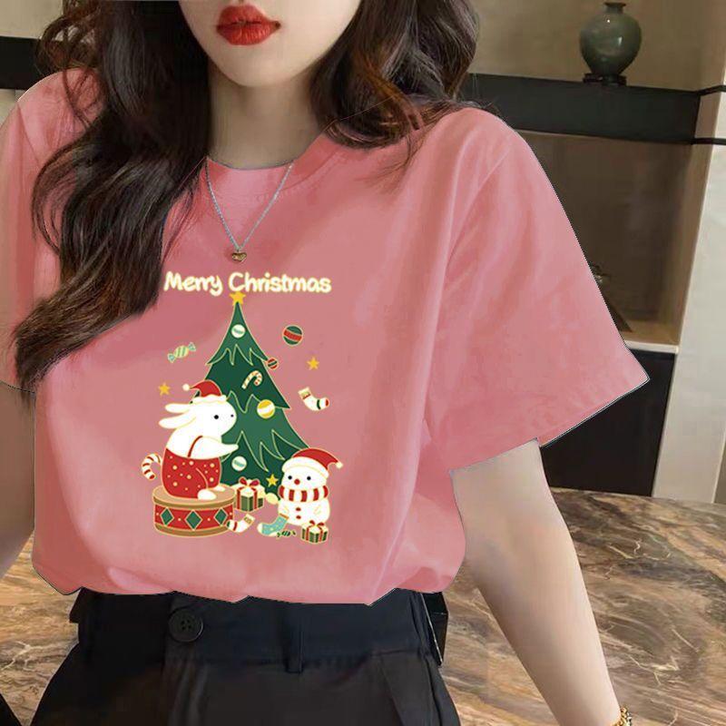 Women's short sleeved T-shirt with Christmas print pattern top