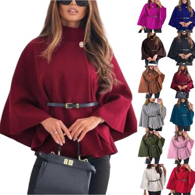 Women's Fashion Solid Waist Tie Woolen Cape Coat
