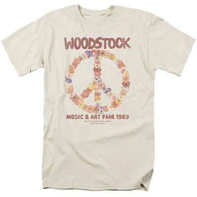 26 Woodstock Kwiatowy Pokój Koszulka Męska Licencjonowana Lata 60 Rockowy Zespół Festiwalowy T-shirt Kremowy Unisex