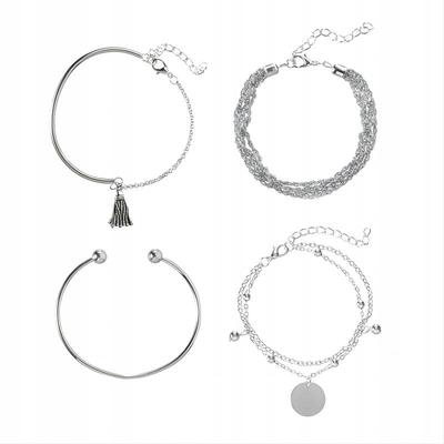 Boho Retro Punk Charms Bangle Silver Bracelet Set 4 Pieces