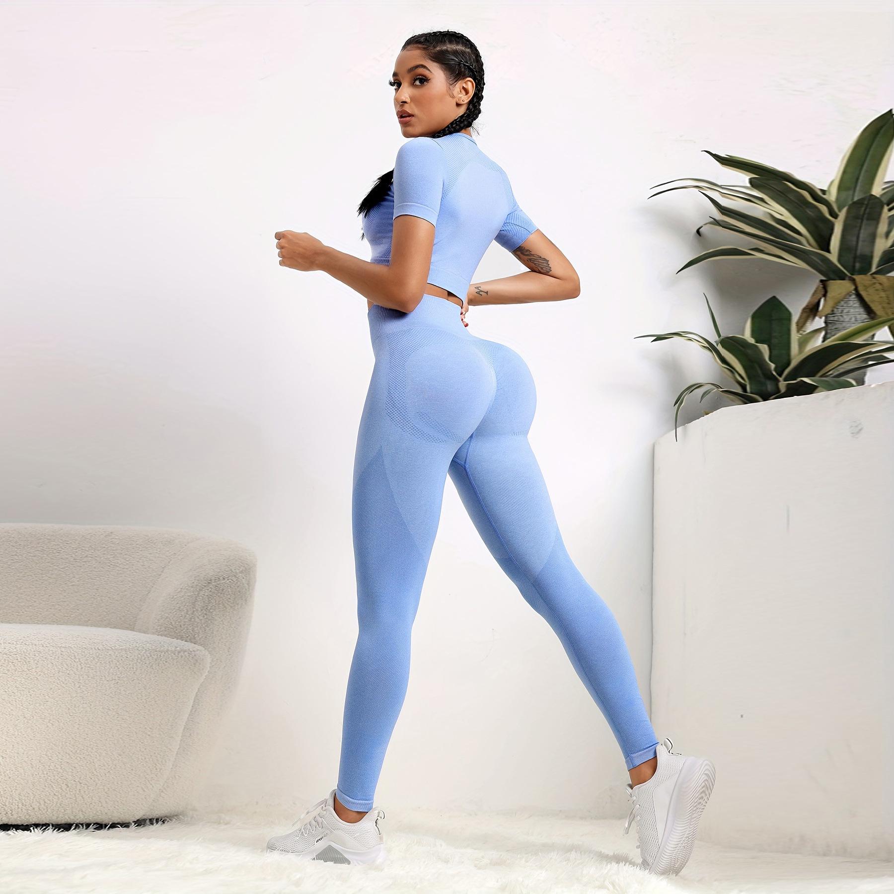 

Женские бесшовные комплекты для йоги: Европейский и американский стиль, дышащий, подтягивающий бедра, облегающий спортивный короткий рукав, фитнес-хиты. Small синий