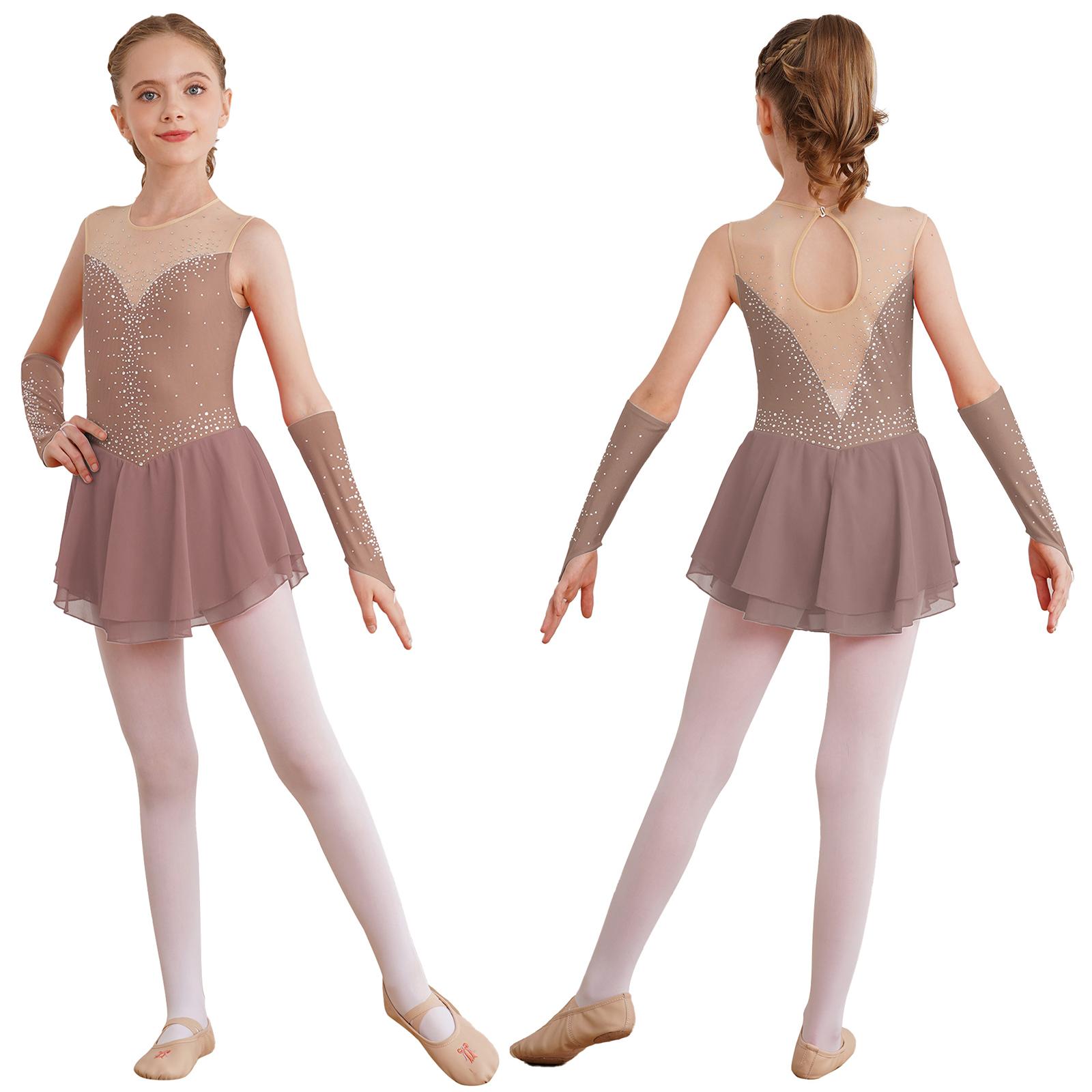 IEFiEL Meisjes IJs Kunstschaatsen Jurk Ballet Dans Competitie Gymnastiek Strass Leotard Jurken met Handschoenen 7-8 Years roze