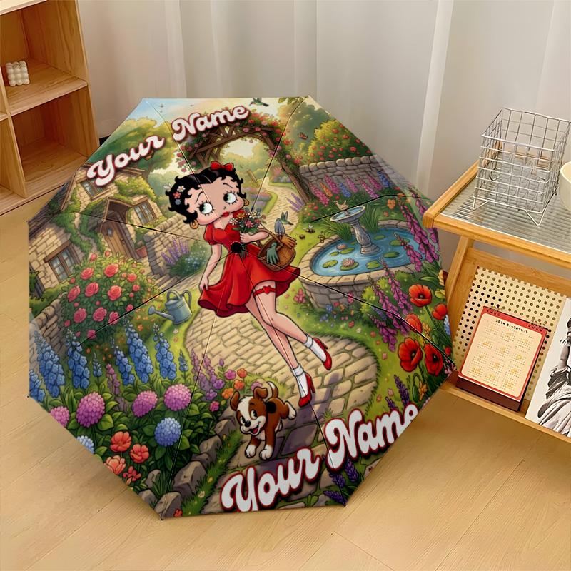 Custom Text Automatic 8 Bone Umbrella, Portable Sun Rain Protection UmbrellaBetty Boop