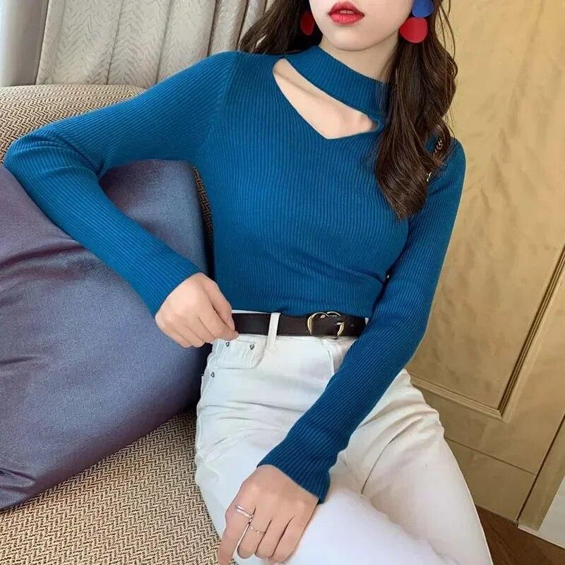 

Тонкий женский свитер с полувысоким воротником и вырезом, тонкий женский плотный вязаный пуловер, топ с длинными рукавами, сексуальная милая повседневная рубашка S синий