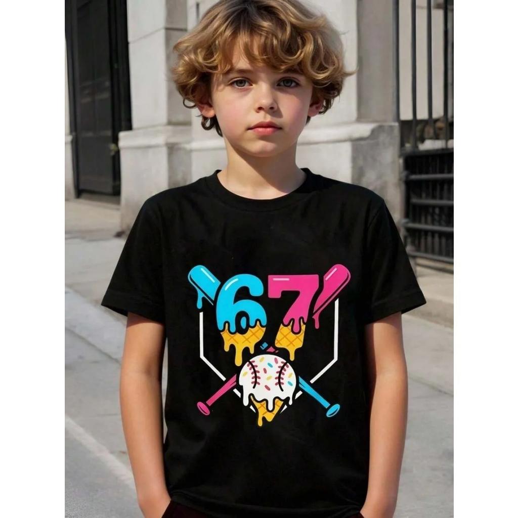 67 Number Children Funny Six Seven Graphic Print T-Shirt Round Neck Cute Casual Style Short Sleeve Comfortable T-Shirt Clothing