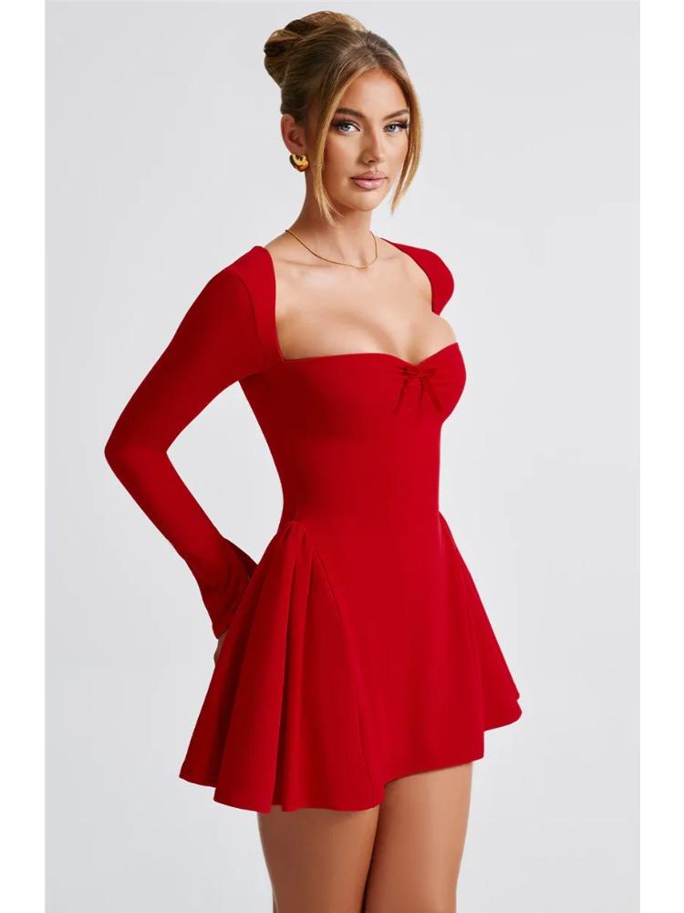 Long Sleeve A-line Sexy Mini Dress for Women Robe Autumn Fall Bow Square Collar Pleated Dress Elegant Dresses
