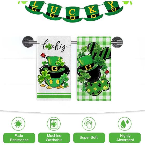 Seliem St. Patrick's Day Kitchen Dish Towels Set of 2, Lucky Clover Shamrock Green Hat Hand Towels Drying Baking Cooking Cloth, Plaid Check Farmhouse