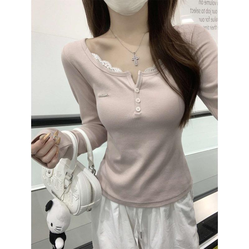 Lace Splicing Fake Two-piece Shirt Women's Top Spring Slim-fitting Pure Half-open Neck Long-sleeved Inner Bottoming Shirt