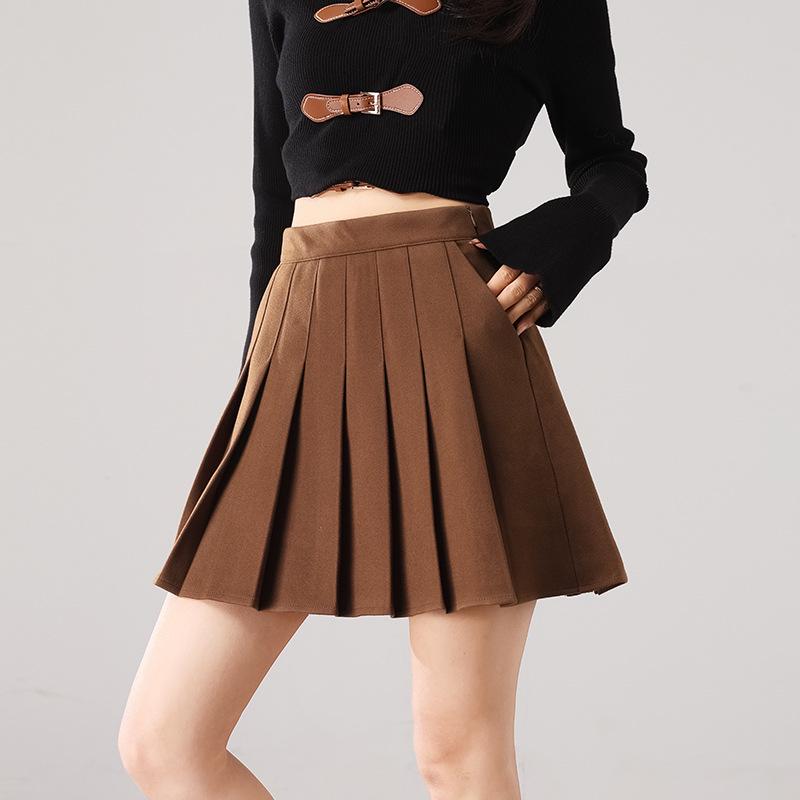 2025 Autumn/Winter College Style High Waist Woolen Pleated Skirt Brown (Short 40CM)