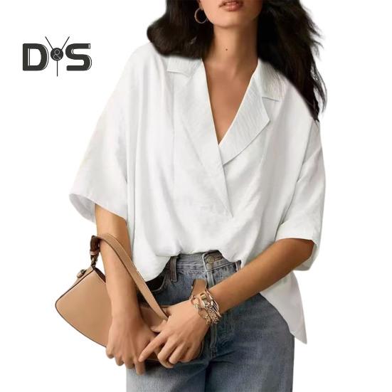 Dámská košile volného střihu s klopou, poloviční rukáv, jednobarevná, pulovr, topy v retro stylu, ležérní topy pro každodenní nošení