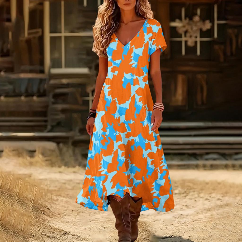 Fashionable women's summer V-neck short sleeved retro floral print beach dress