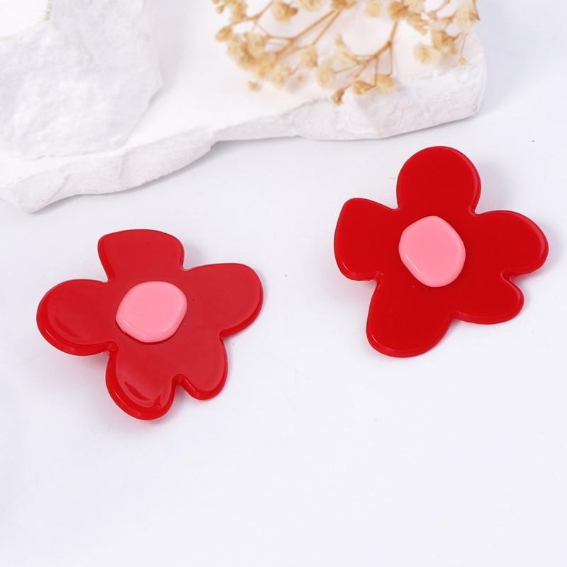 Boucle d'oreille Fleur Rouge Acrylique Grande pour Femmes Filles Minimalisme Charms Vacances d'Été Bijoux Cadeau
