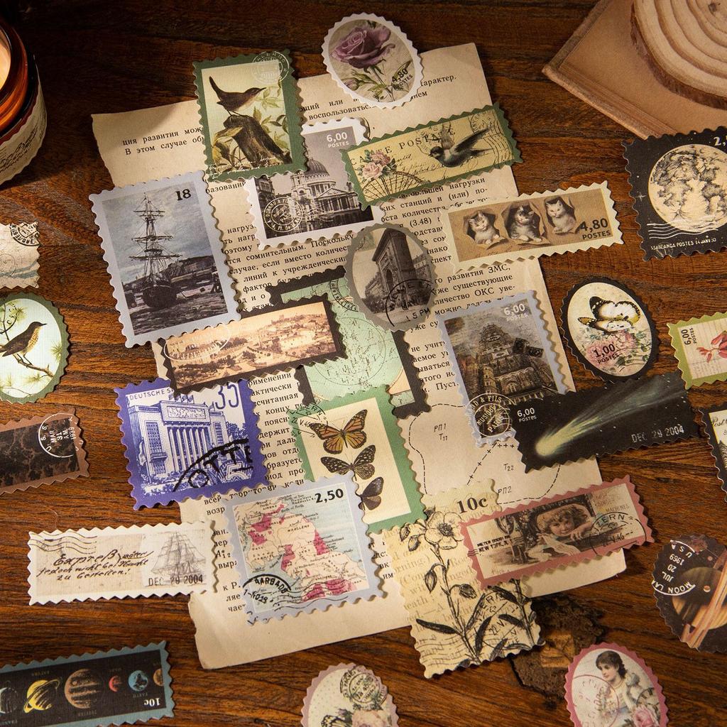 50 Pcs/pack Vintage Bronzing Stamp Style Stickers Decorative DIY Scrapbooking Diary Album Collage Material Junk Journal Supplies
