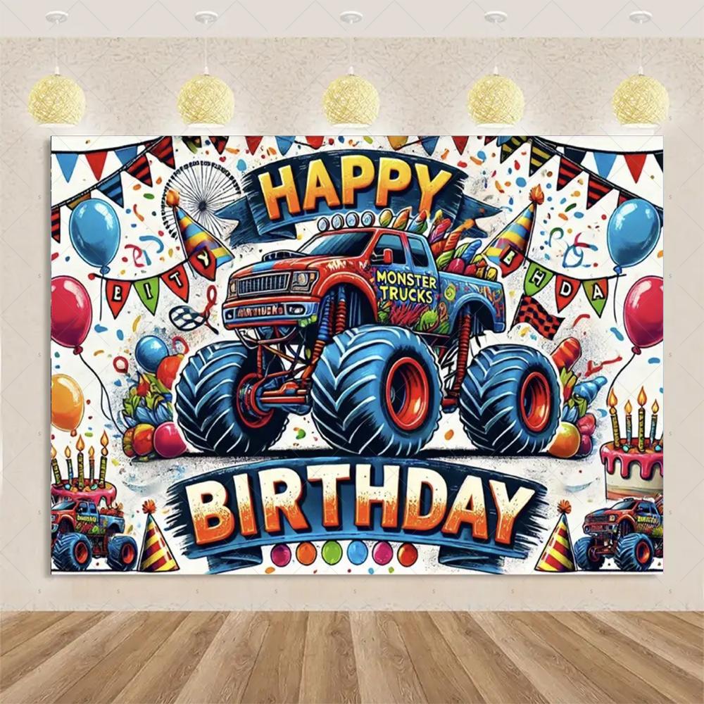 Monster Truck Themed Birthday Party Decorations, Backdrop for Boys, Cool Race Cars, Surprise Banner49