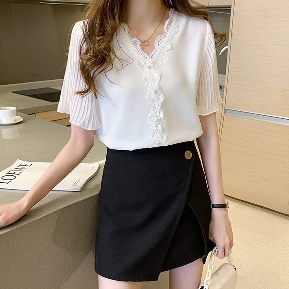 Lace Blouse Chiffon Tops Flared Short Sleeve Korean Style Summer Stylish Neat Thin Adult Cute Loose Fit Slimming Casual Office Commuting OL Date